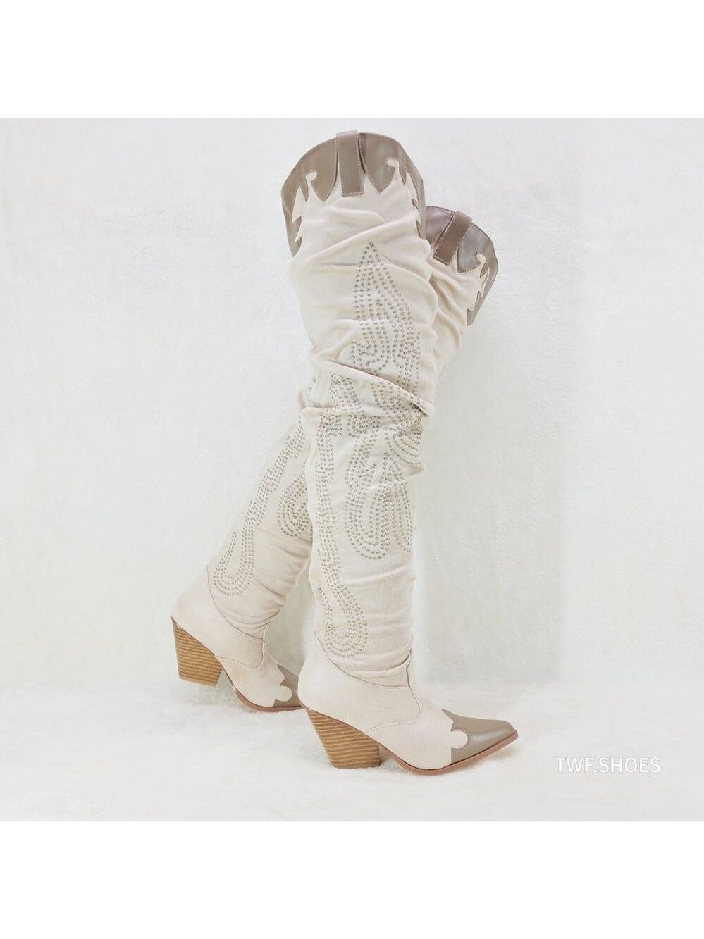 Iconic Western Thigh high Cowgirl Boots Cream - Picture 3 of 12
